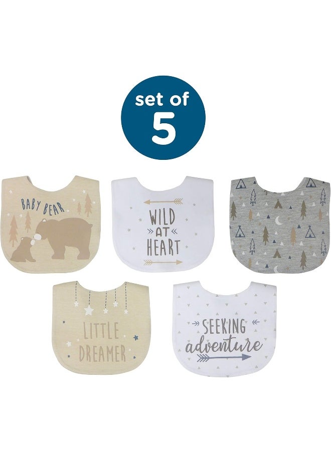 Neat Solutions 5 Pack Aspirational Bib Set with Mixed Fabrics & Water Resistant Inner Core - Boy, Grey Oatmeal While