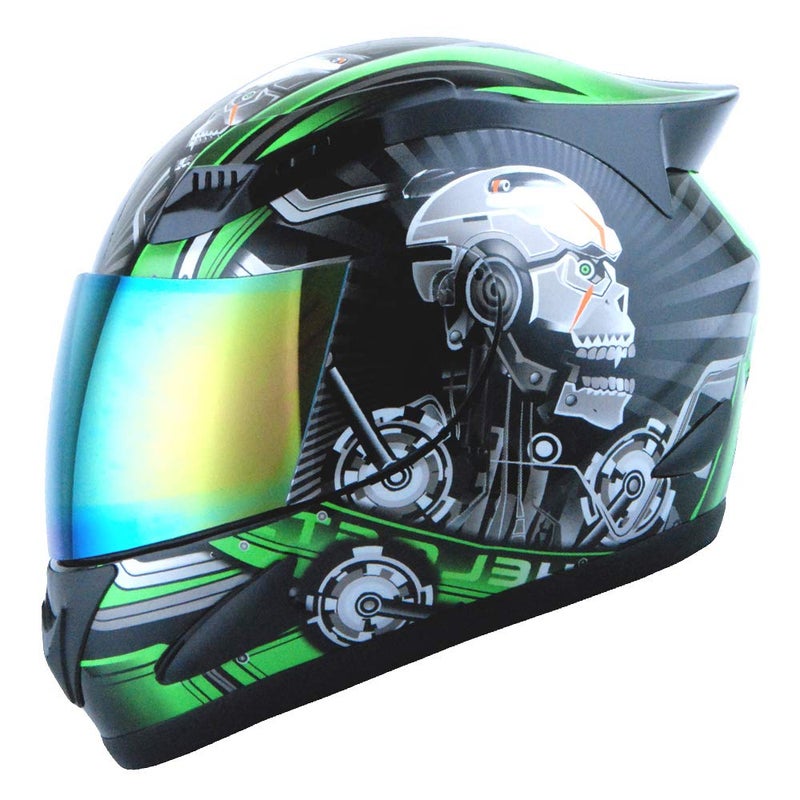 1Storm Motorcycle Bike Full FACE Helmet Mechanic Skull  Tinted Visor Green