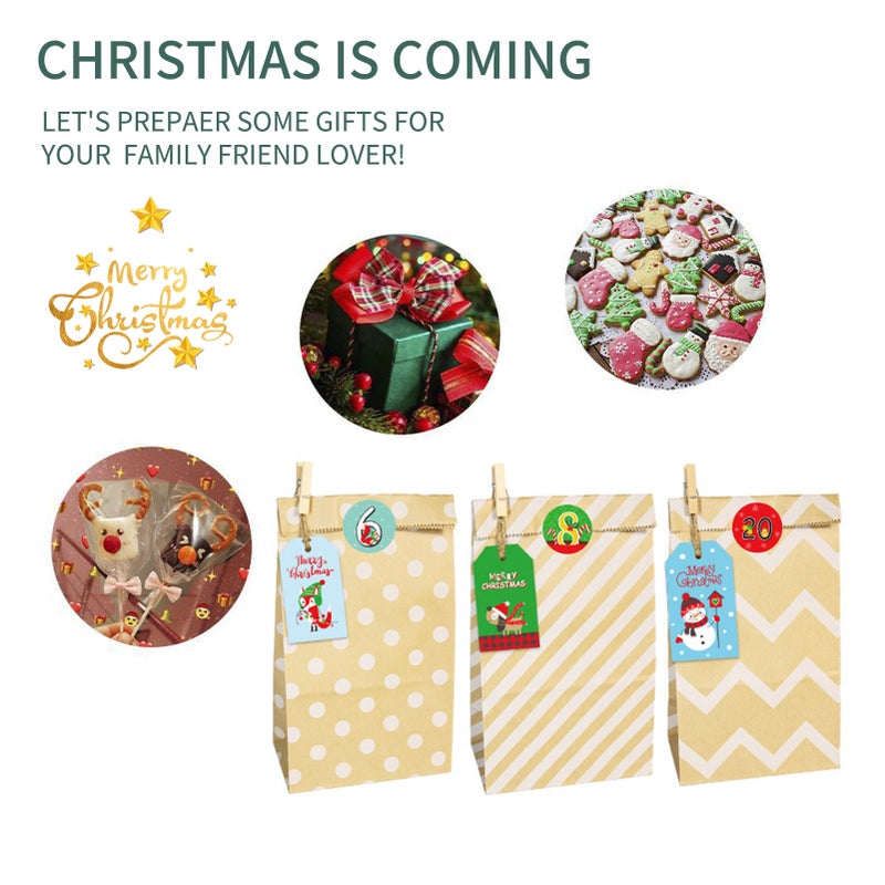 24PCS Christmas Gift Bags Kraft Boutique Wrapping Paper Bags Clips Number Sticker design with Snowman Santa Claus Elk for Christmas Birthday Party Holiday - Image 2