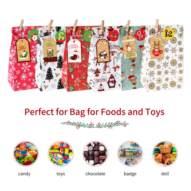 24PCS Christmas Gift Bags Kraft Boutique Wrapping Paper Bags Clips Number Sticker design with Snowman Santa Claus Elk for Christmas Birthday Party Holiday - Image 3