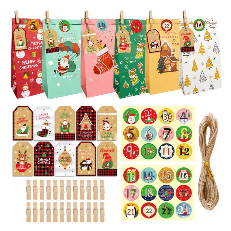 24PCS Christmas Gift Bags Kraft Boutique Wrapping Paper Bags Clips Number Sticker design with Snowman Santa Claus Elk for Christmas Birthday Party Holiday - Image 1
