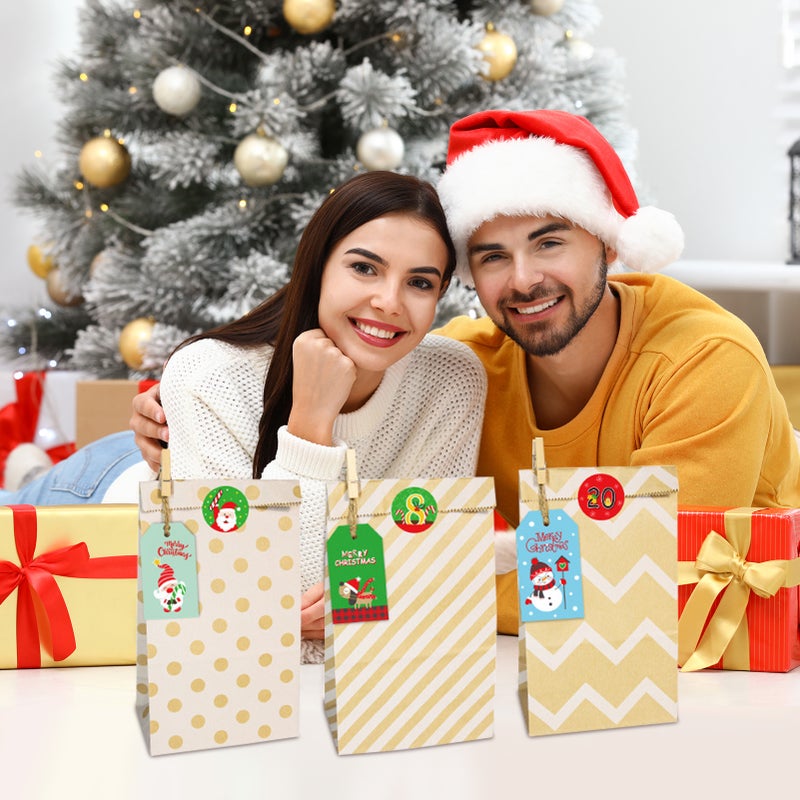 24PCS Christmas Gift Bags Kraft Boutique Wrapping Paper Bags Clips Number Sticker design with Snowman Santa Claus Elk for Christmas Birthday Party Holiday - Image 5