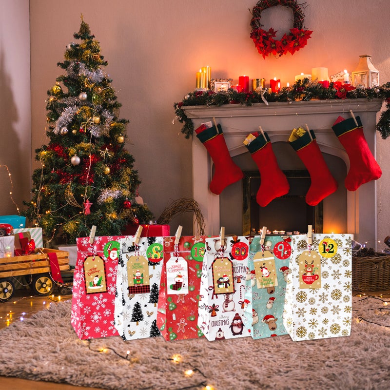 24PCS Christmas Gift Bags Kraft Boutique Wrapping Paper Bags Clips Number Sticker design with Snowman Santa Claus Elk for Christmas Birthday Party Holiday - Image 4