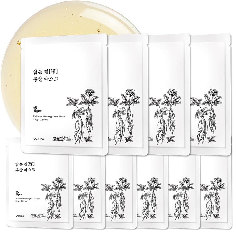 varuza Radiance Ginseng Sheet Masks  Hydrating Face Masks for Healthy and Strengthening Skin Barrier  Vegan Cruelty Free Korean Face Mask