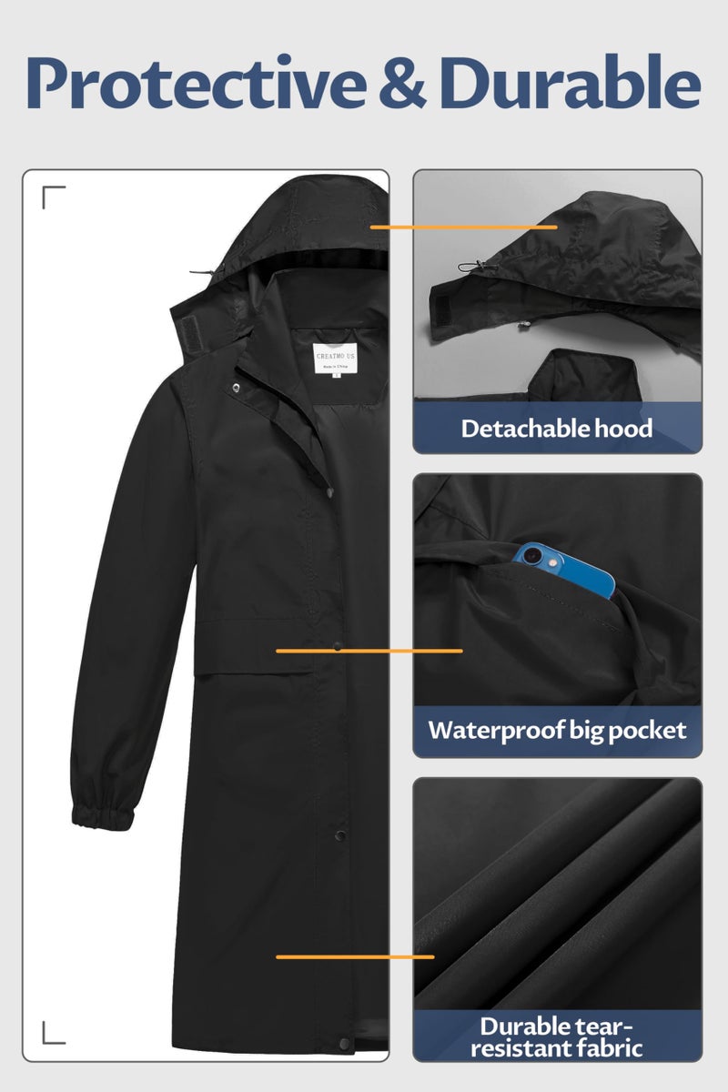 CREATMO US Long Rain Coat For Women Waterproof Womens Raincoats Jacket Hooded Outdoor Windbreaker Jackets Trench Raincoat Black XL - Image 3