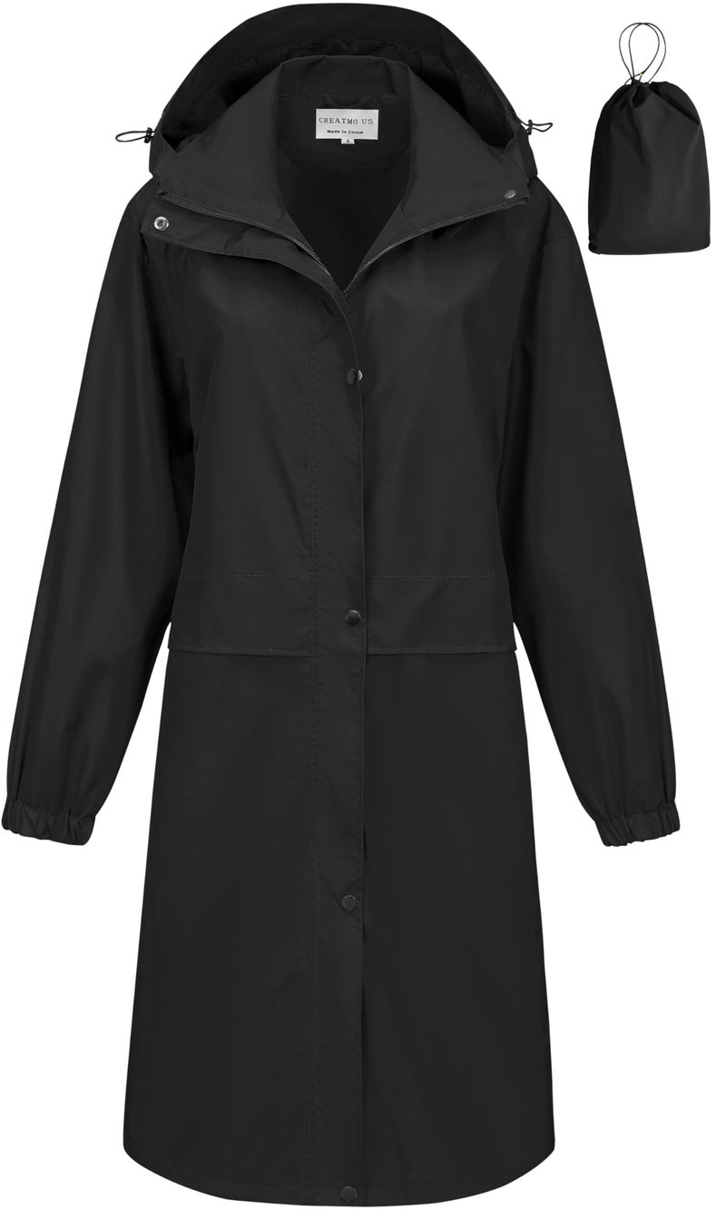 CREATMO US Long Rain Coat For Women Waterproof Womens Raincoats Jacket Hooded Outdoor Windbreaker Jackets Trench Raincoat Black XL - Image 1
