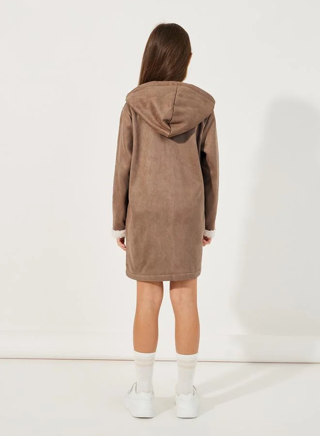 Styli Fur Trim Sleeves Longline Hooded Coat