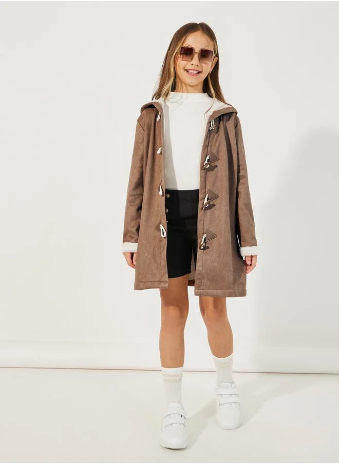 Styli Fur Trim Sleeves Longline Hooded Coat