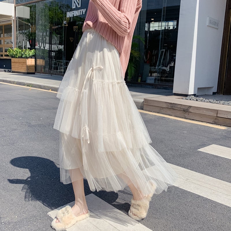 K-Style Fashionable Mesh Ladylike Loose Ruffled Skirt Women'S Pure Color Elegant Cake Long Skirt - Image 2