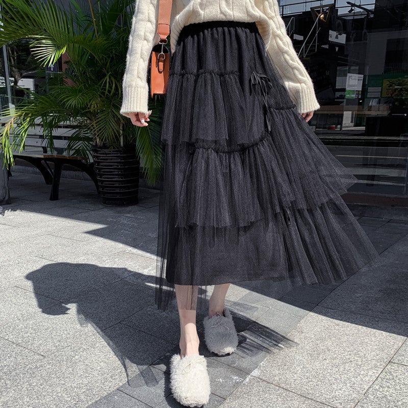 K-Style Fashionable Mesh Ladylike Loose Ruffled Skirt Women'S Pure Color Elegant Cake Long Skirt - Image 3