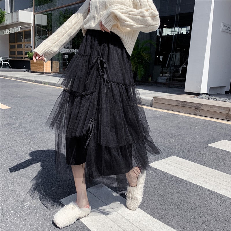 K-Style Fashionable Mesh Ladylike Loose Ruffled Skirt Women'S Pure Color Elegant Cake Long Skirt - Image 5