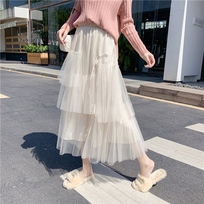K-Style Fashionable Mesh Ladylike Loose Ruffled Skirt Women'S Pure Color Elegant Cake Long Skirt - Image 4