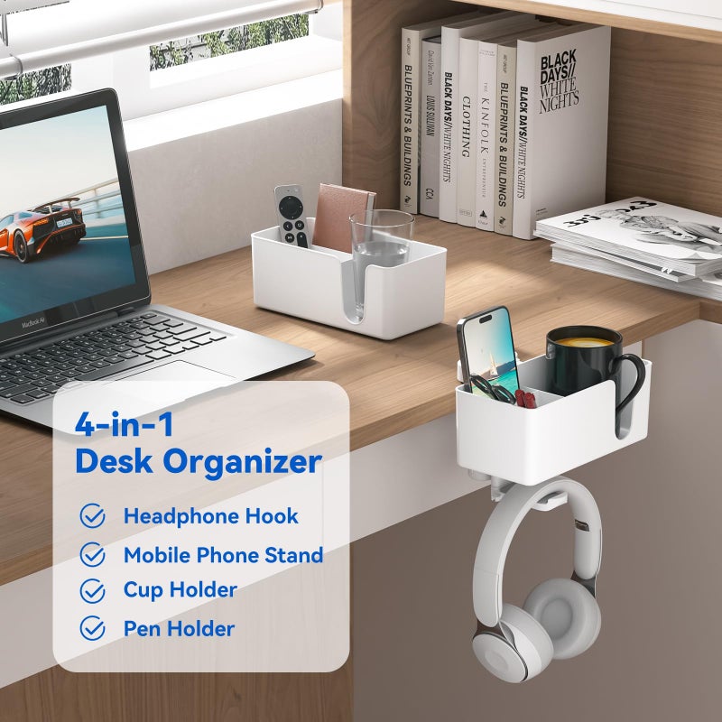 KDD 4-in-1 Desk Organizer - Under Desk Cup Holder and Headphone Hanger with 2 Wire Holes - Rotating Hanger and Detachable Storage for Cup, Phone and Pen (White) - Image 2