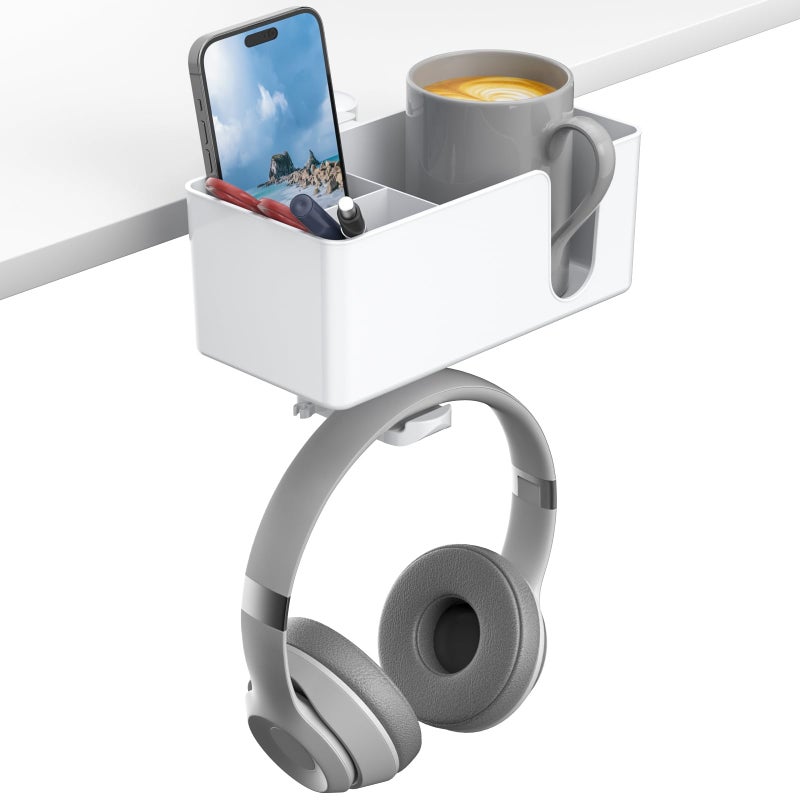 KDD 4-in-1 Desk Organizer - Under Desk Cup Holder and Headphone Hanger with 2 Wire Holes - Rotating Hanger and Detachable Storage for Cup, Phone and Pen (White) - Image 1