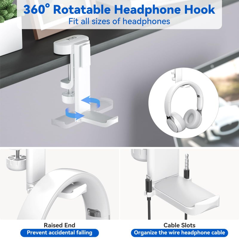 KDD 4-in-1 Desk Organizer - Under Desk Cup Holder and Headphone Hanger with 2 Wire Holes - Rotating Hanger and Detachable Storage for Cup, Phone and Pen (White) - Image 3