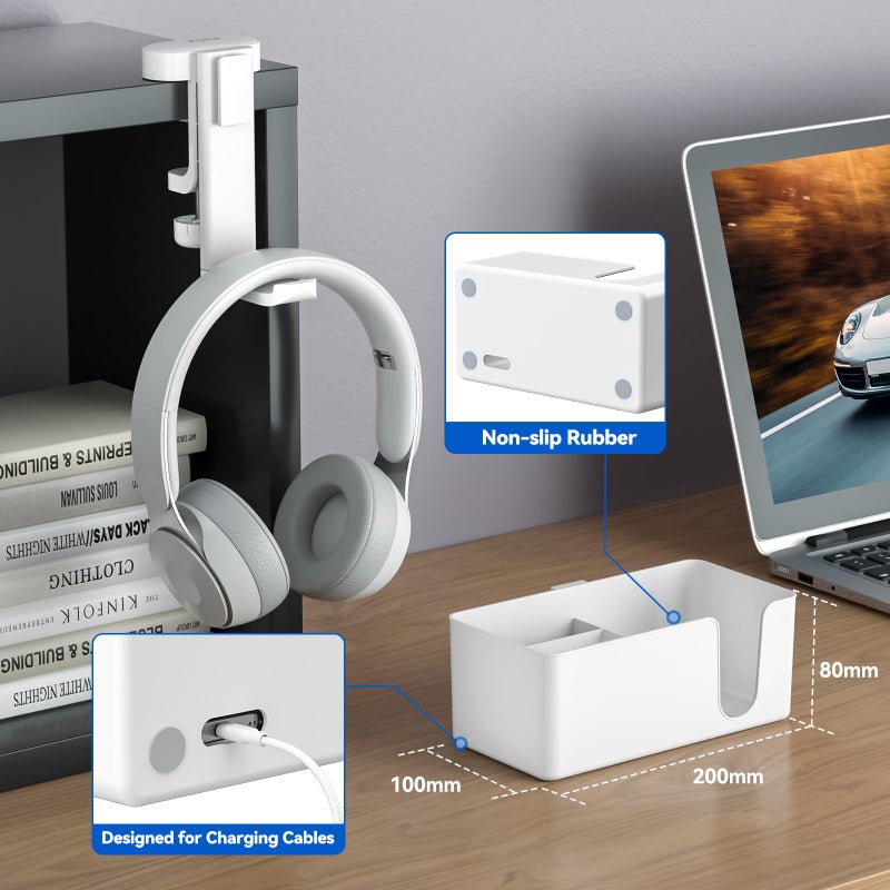 KDD 4-in-1 Desk Organizer - Under Desk Cup Holder and Headphone Hanger with 2 Wire Holes - Rotating Hanger and Detachable Storage for Cup, Phone and Pen (White) - Image 4