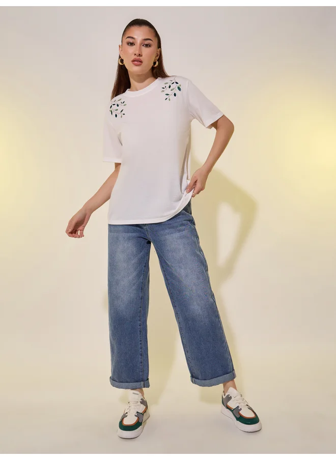 Take Two Take Two Round Neck Embroidered Detail T-Shirt