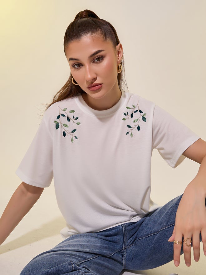 Take Two Round Neck Embroidered Detail T-Shirt - Image 1