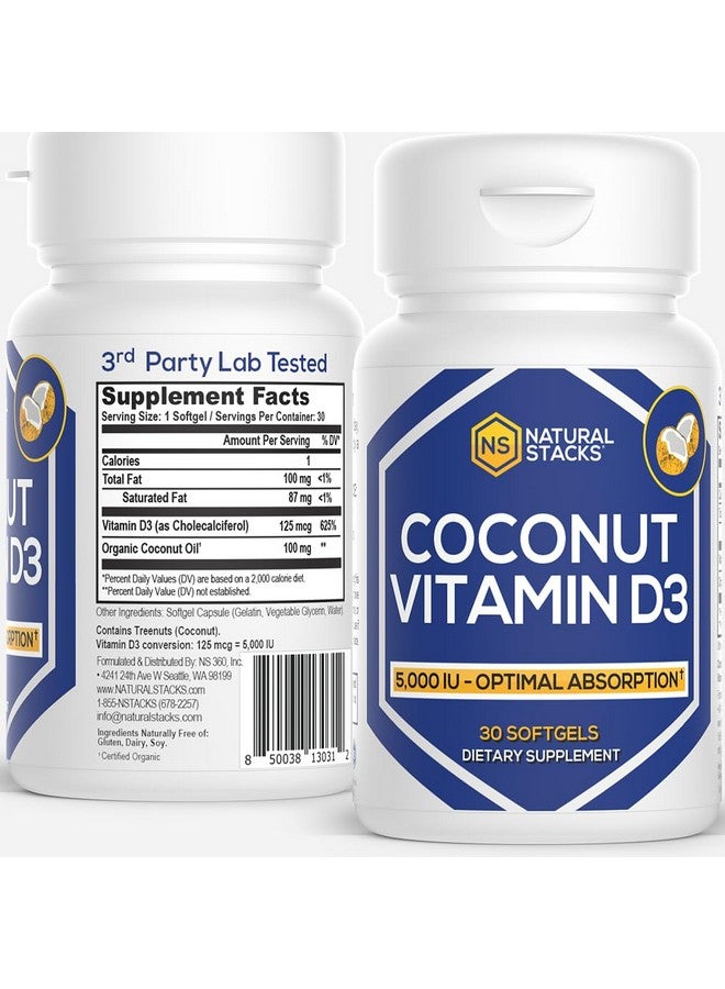 NATURAL STACKS Vitamin D 5000 IU Supplement - with Coconut Oil for Optimal Absorption - Vitamin D Pills for Immunity & Cell Growth - D3 125mcg Cholecalciferol Supplement - 30 D3 Servings - Image 1