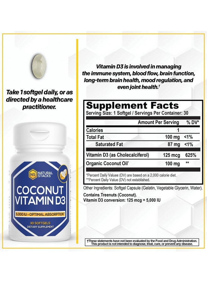 NATURAL STACKS Vitamin D 5000 IU Supplement - with Coconut Oil for Optimal Absorption - Vitamin D Pills for Immunity & Cell Growth - D3 125mcg Cholecalciferol Supplement - 30 D3 Servings - Image 2