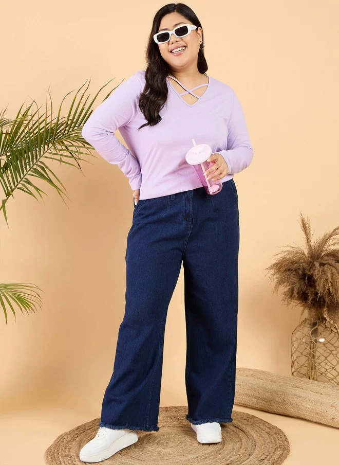 CURVY STREET Lavender V-Neck Cotton T-Shirt for Women