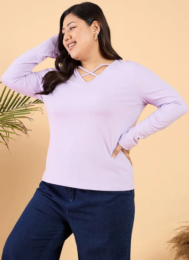 CURVY STREET Lavender V-Neck Cotton T-Shirt for Women