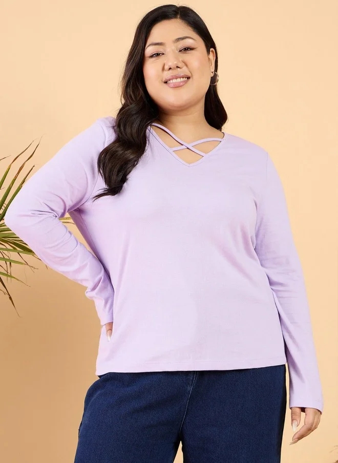 CURVY STREET Lavender V-Neck Cotton T-Shirt for Women