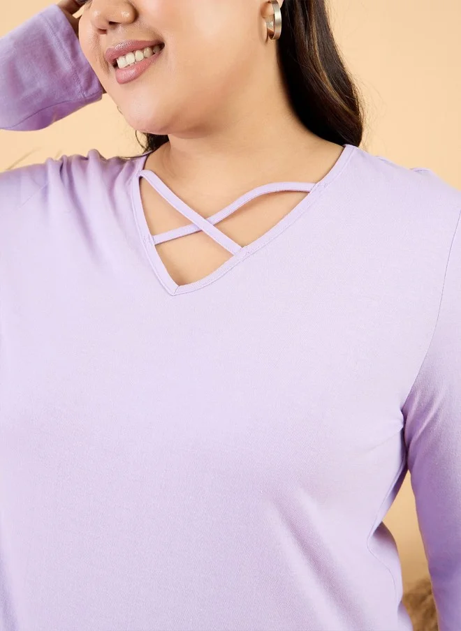 CURVY STREET Lavender V-Neck Cotton T-Shirt for Women