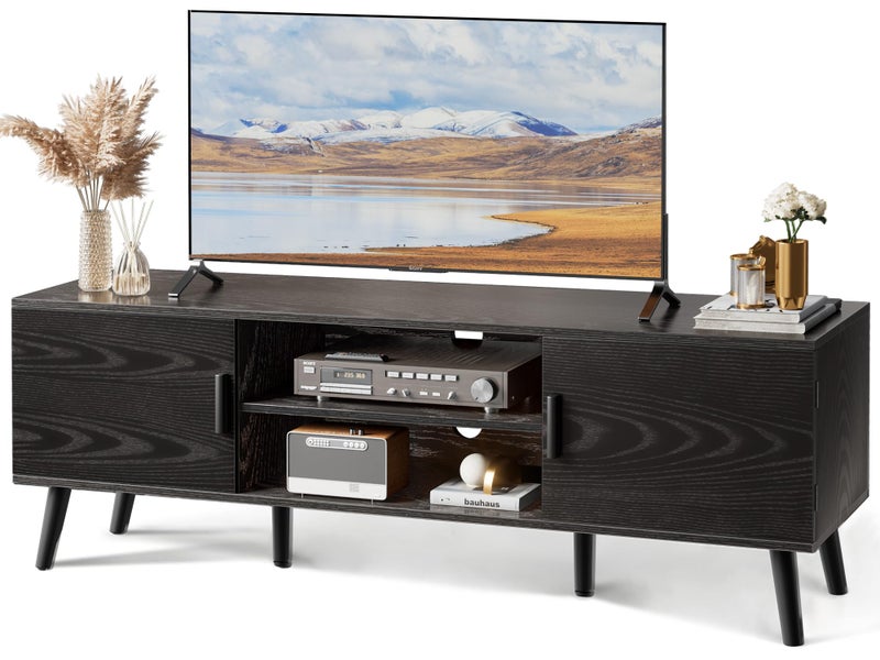 SUPERJARE TV Stand for 55 Inch TV Entertainment Center with Adjustable Shelf 2 Cabinets TV Console Table Media Console Solid Wood Feet Cord Holes for Living Room Bedroom Black
