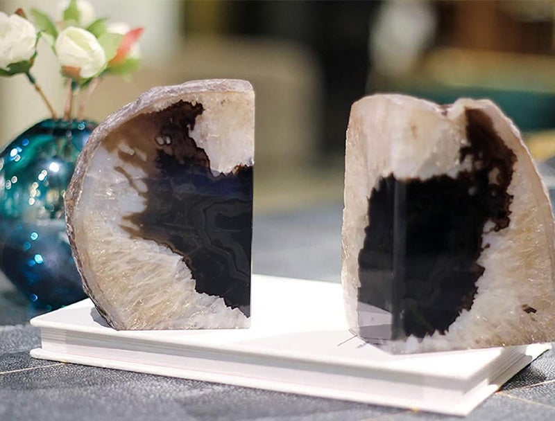 AMOYSTONE Black Geode Bookends Agate Decorative Book Ends for Shelves Heavy Duty Crystal Quartz Bookends with Rubber Bumpers(1 Pair, 3-4 LBS) - Image 2