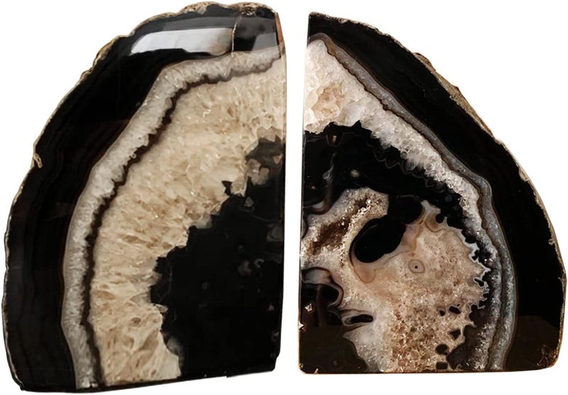 AMOYSTONE Black Geode Bookends Agate Decorative Book Ends for Shelves Heavy Duty Crystal Quartz Bookends with Rubber Bumpers(1 Pair, 3-4 LBS) - Image 5