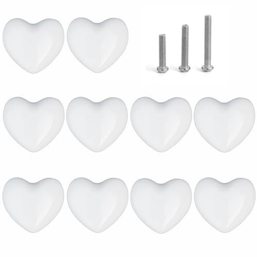 Perphin Ceramic Drawer Knobs Heart Shape Cabinet Dresser Pulls Handles with 3 Sized Screws, Kitchen Furniture Knobs for Closet Cupboard Wardrobe (White, 10 Pack) - Image 1