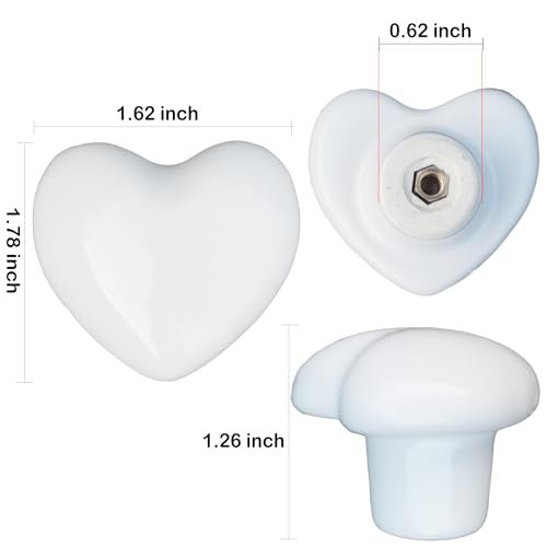 Perphin Ceramic Drawer Knobs Heart Shape Cabinet Dresser Pulls Handles with 3 Sized Screws, Kitchen Furniture Knobs for Closet Cupboard Wardrobe (White, 10 Pack) - Image 4