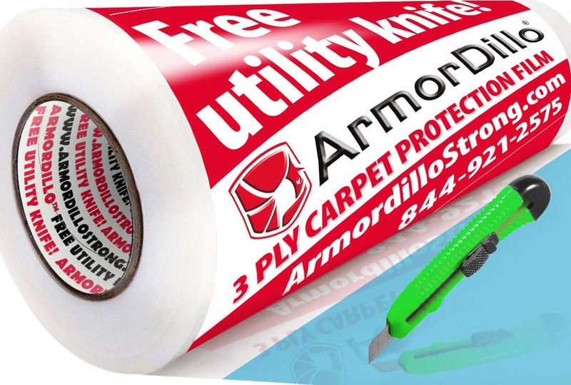 ArmorDillo Free Utility Knife 24" x 200' Technically Superior, Patented, Beaded Adhesive, Only Full 3mil-3ply, Only 'Easy Start Roll', Easiest to Use, Only 100% US Made, Strongest Carpet Film. - Image 1