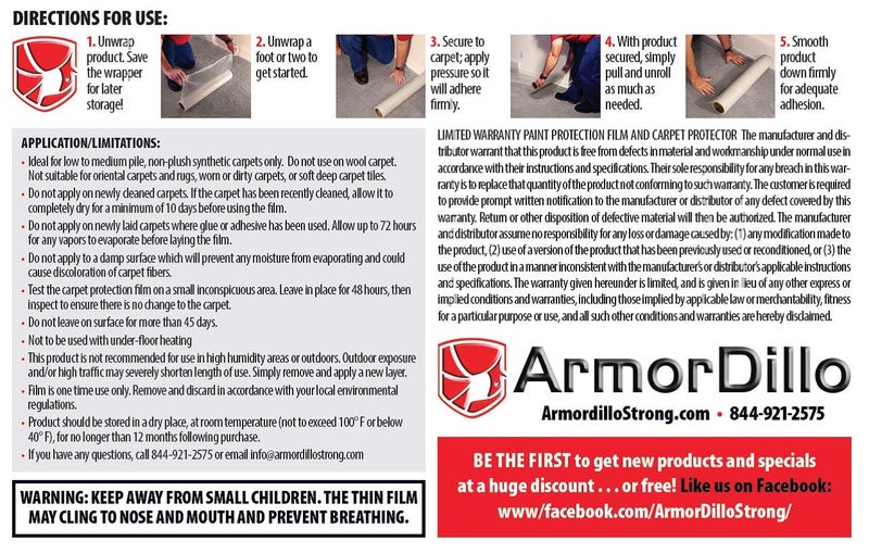 ArmorDillo Free Utility Knife 24" x 200' Technically Superior, Patented, Beaded Adhesive, Only Full 3mil-3ply, Only 'Easy Start Roll', Easiest to Use, Only 100% US Made, Strongest Carpet Film. - Image 4