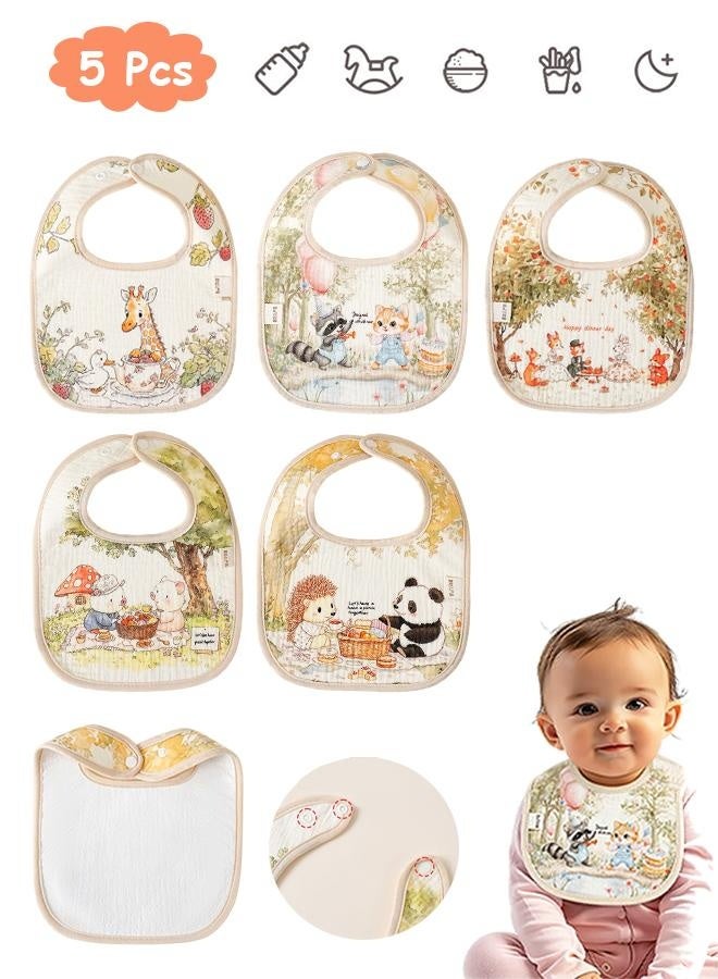 إم إكس إن مرايل قطنية للأطفال مكونة من 5 قطع، مزودة بـ 2 زر كبس قابل للتعديل - مرايل قطنية للأطفال مكونة من 4 طبقات، مرايل قطنية للأولاد والبنات لتخفيف سيلان اللعاب أثناء الأكل والتسنين - Image 1