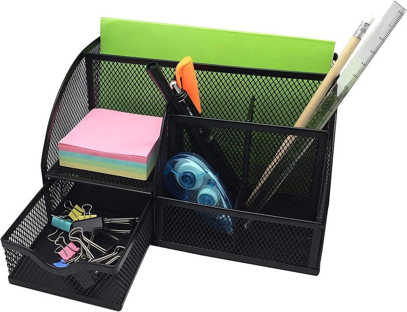 VALUXE Mesh Desk Organizer Pencil Holder with Drawer - All in One Pen Holder for Desk, Multi-Functional Caddy Pen Holder Stationery Desk Accessories Organizer for Office, Home, School, Classroom - Image 3