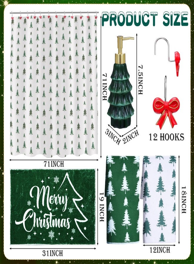 Remagr 17 Pcs Christmas Bathroom Accessories Set Christmas Tree Shower Curtain with 12 Hooks Bath Mat Rug Non Slip Soap and Lotion Dispenser 2 Towels for Holiday Decorations Merry Xmas Gifts - Image 2