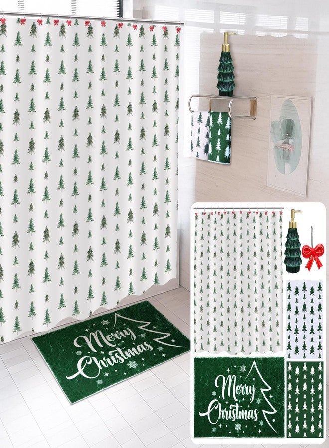 Remagr 17 Pcs Christmas Bathroom Accessories Set Christmas Tree Shower Curtain with 12 Hooks Bath Mat Rug Non Slip Soap and Lotion Dispenser 2 Towels for Holiday Decorations Merry Xmas Gifts - Image 1