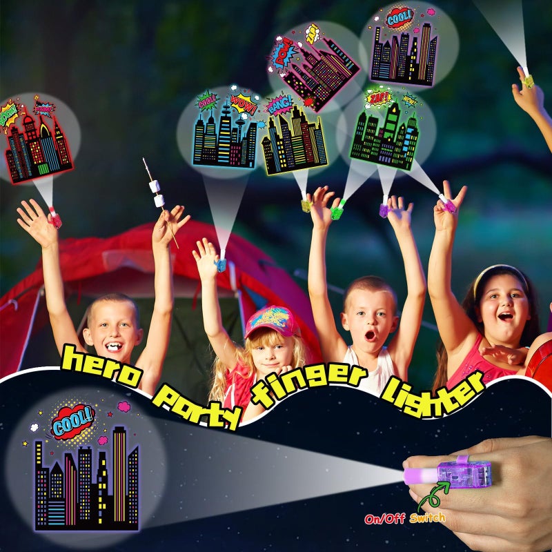 Oitnlaughter 36Pcs Super Theme Hero LED Finger Lights Hero Party Favors Glow in the Dark Light Up Finger Lights City Themed Toys Bulk for Super Birthday Party Goodie Bag Stuffer Birthday Gifts Classroom Prize - Image 5