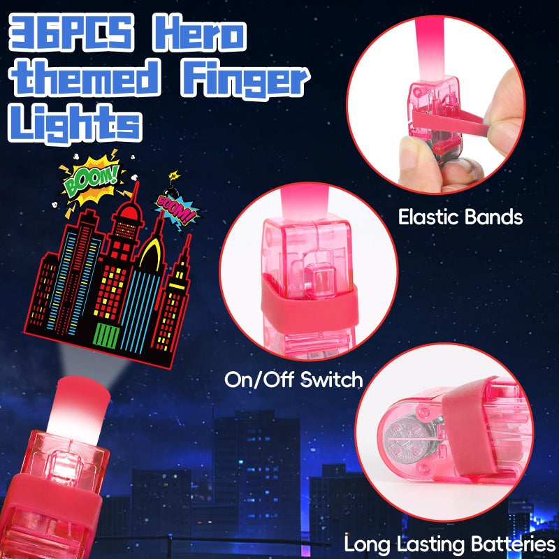 Oitnlaughter 36Pcs Super Theme Hero LED Finger Lights Hero Party Favors Glow in the Dark Light Up Finger Lights City Themed Toys Bulk for Super Birthday Party Goodie Bag Stuffer Birthday Gifts Classroom Prize - Image 3