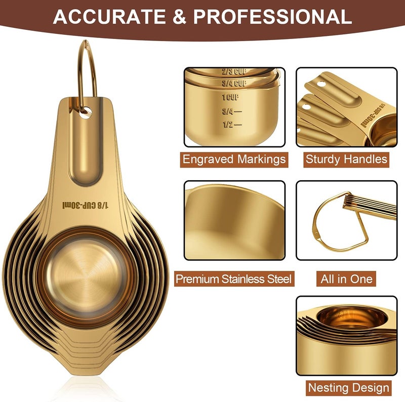 Wildone Copper Plated Measuring Cups & Spoons Set of 21 - Includes 7 Stainless Steel Nesting Measuring Cups, 8 Measuring Spoons, 1 Leveler & 5 Mini Measuring Spoons, Ideal for Dry & Liquid Ingredients - Image 2