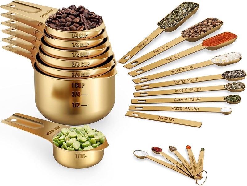 Wildone Copper Plated Measuring Cups & Spoons Set of 21 - Includes 7 Stainless Steel Nesting Measuring Cups, 8 Measuring Spoons, 1 Leveler & 5 Mini Measuring Spoons, Ideal for Dry & Liquid Ingredients - Image 1