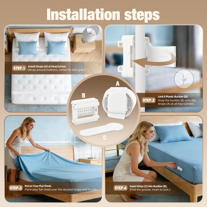 HOUSE AGAIN Sheet Holders for Corners, Easy One-Time Installation Fitted Sheet Fasteners for Full & Queen Beds â€“ Heavy Duty Lock Sheet Holders Keep Sheets Firm & Tight, No More Loose Bedding (White) - Image 4