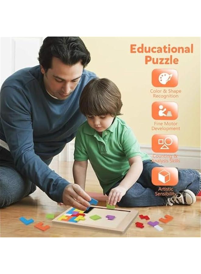 HOOKOR Wooden Blocks Puzzle Brain Teasers Toy Tangram Jigsaw Intelligence Colorful 3D Russian Blocks Game STEM Montessori Educational Gift for Kids - Image 2