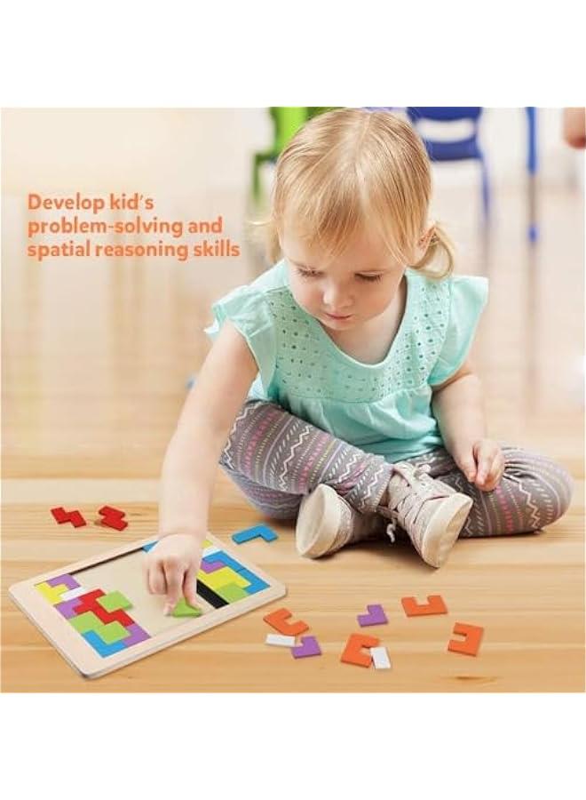 HOOKOR Wooden Blocks Puzzle Brain Teasers Toy Tangram Jigsaw Intelligence Colorful 3D Russian Blocks Game STEM Montessori Educational Gift for Kids - Image 3