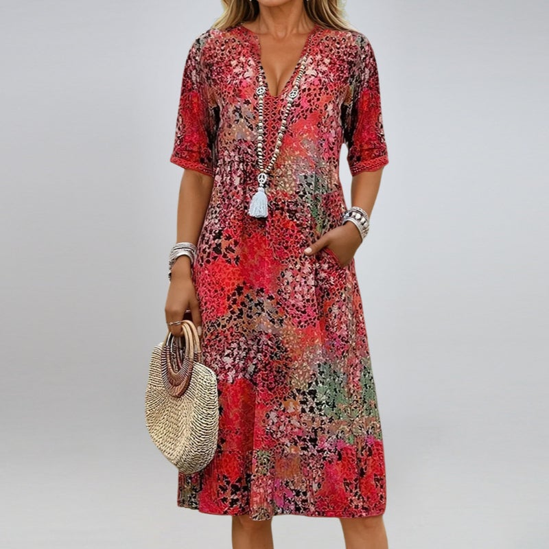 Women's Summer Printed V-Neck Dress with Pockets - Pink - Image 2
