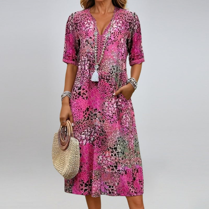 Women's Summer Printed V-Neck Dress with Pockets - Pink - Image 3