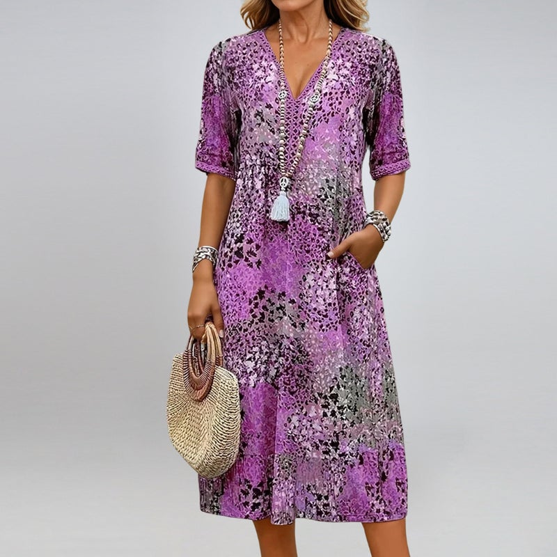 Women's Summer Printed V-Neck Dress with Pockets - Pink - Image 5