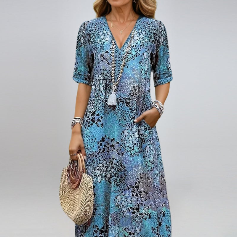 Women's Summer Printed V-Neck Dress with Pockets - Pink - Image 4